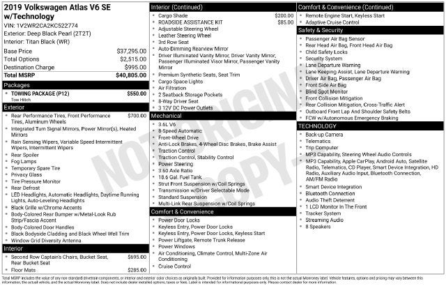 2019 Volkswagen Atlas 3.6L V6 SE w/Technology