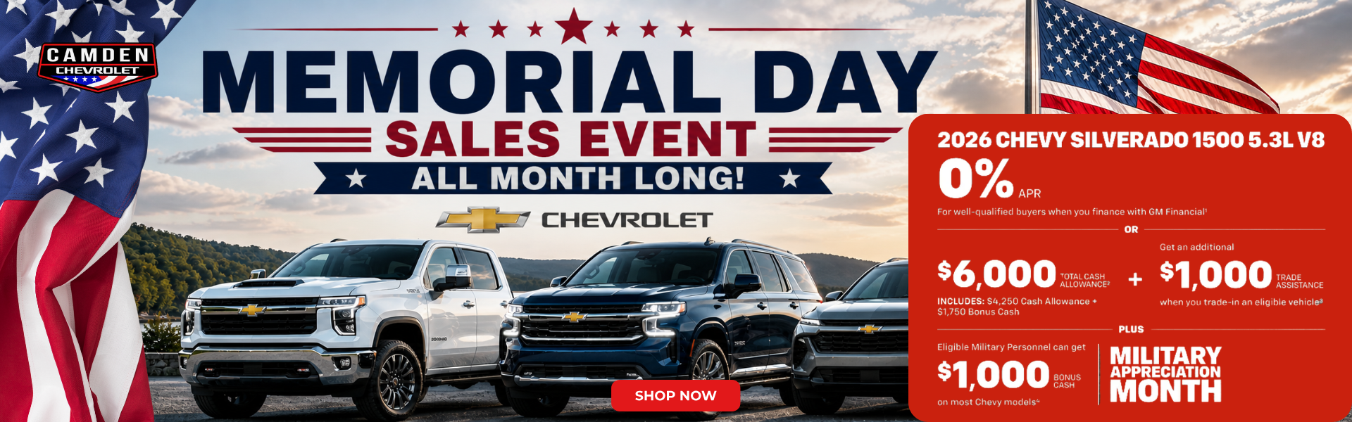 Memorial Day Sales Event banner with American an flag