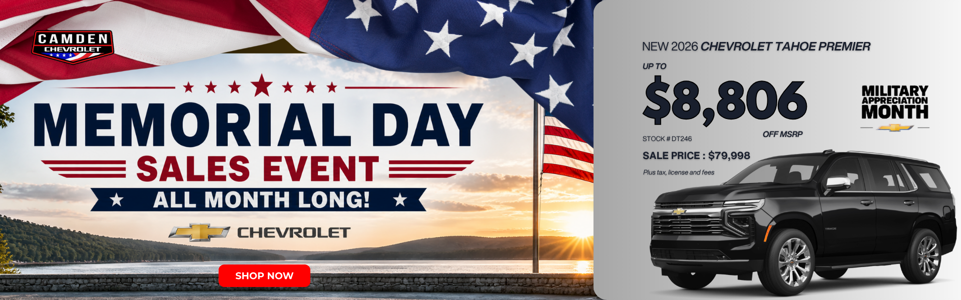 Memorial Day Sales Event banner with a 2026 Chevy Tahoe