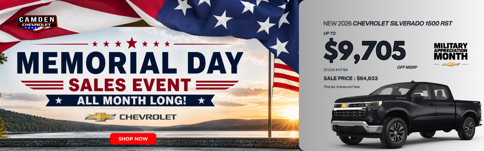 Memorial Day Sales Event banner with a 2026 Chevy Silverado 